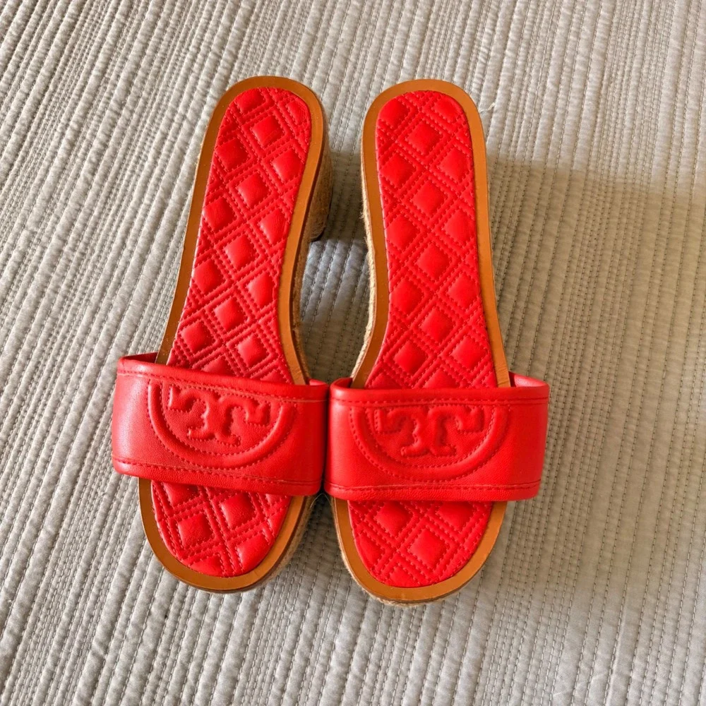 NEW Tory Burch Women's Ines Red Leather Espadrille Platform Slide Sandals 6.5M